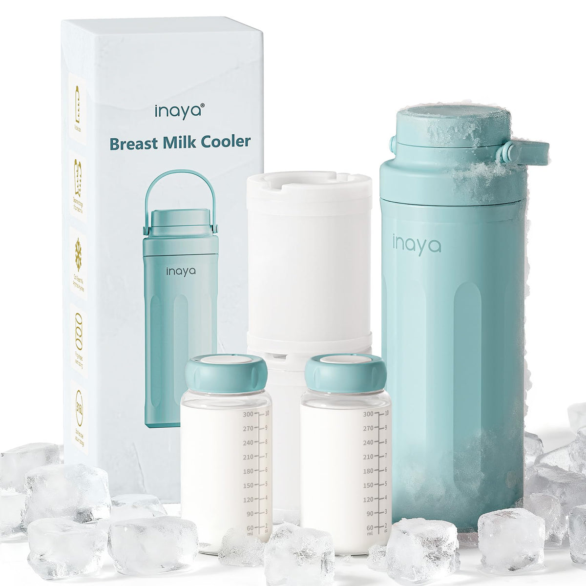 Inaya cooler front view with dual bottles for on-the-go breast milk storage.