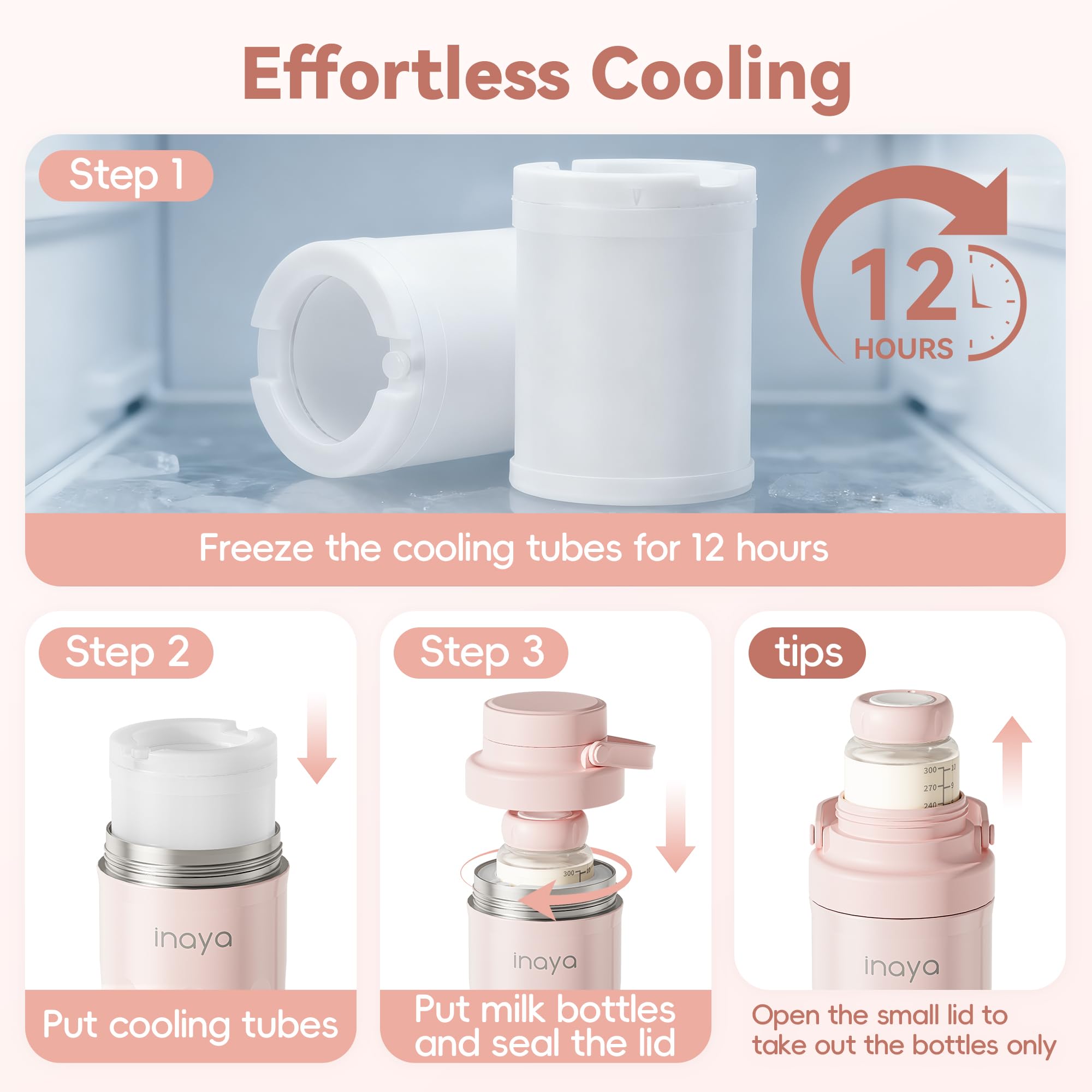 Inaya compact travel-size breast milk cooler in blush pink