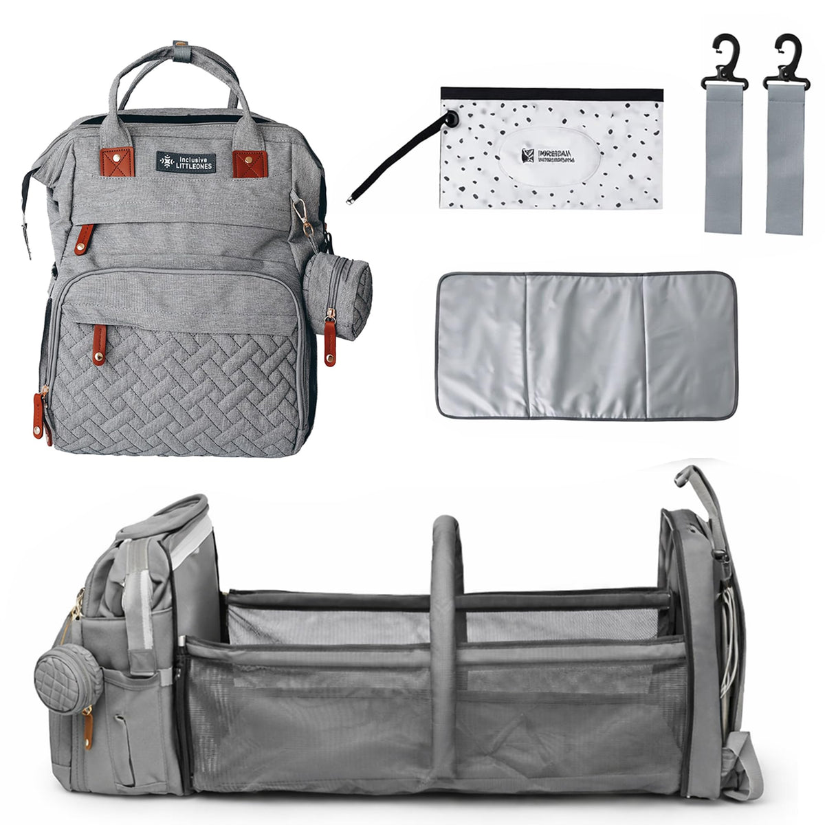 Inclusive LittleOnes diaper bag front view with organized pockets for quick access.