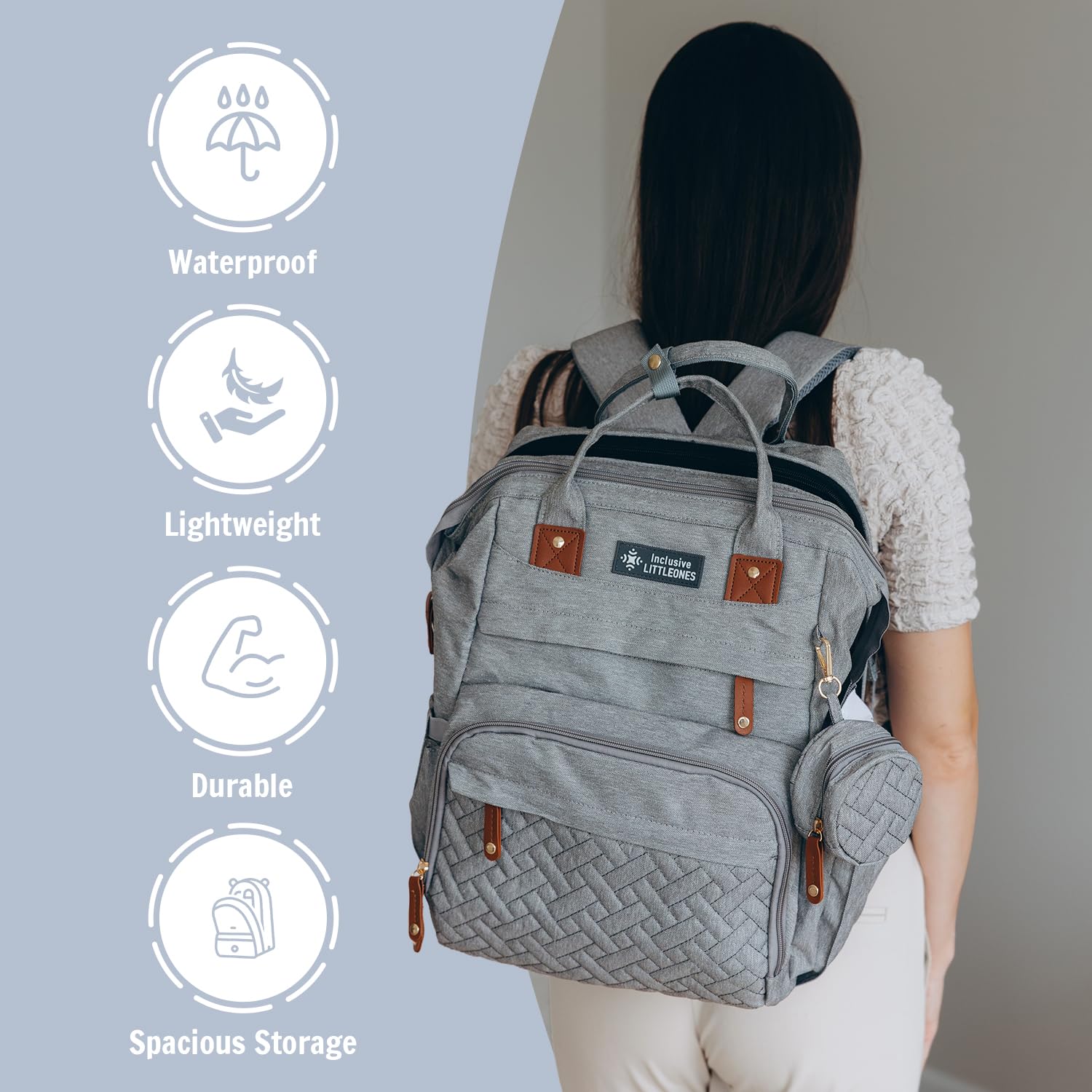 Inclusive LittleOnes insulated bottle pocket keeps drinks at the right temperature.