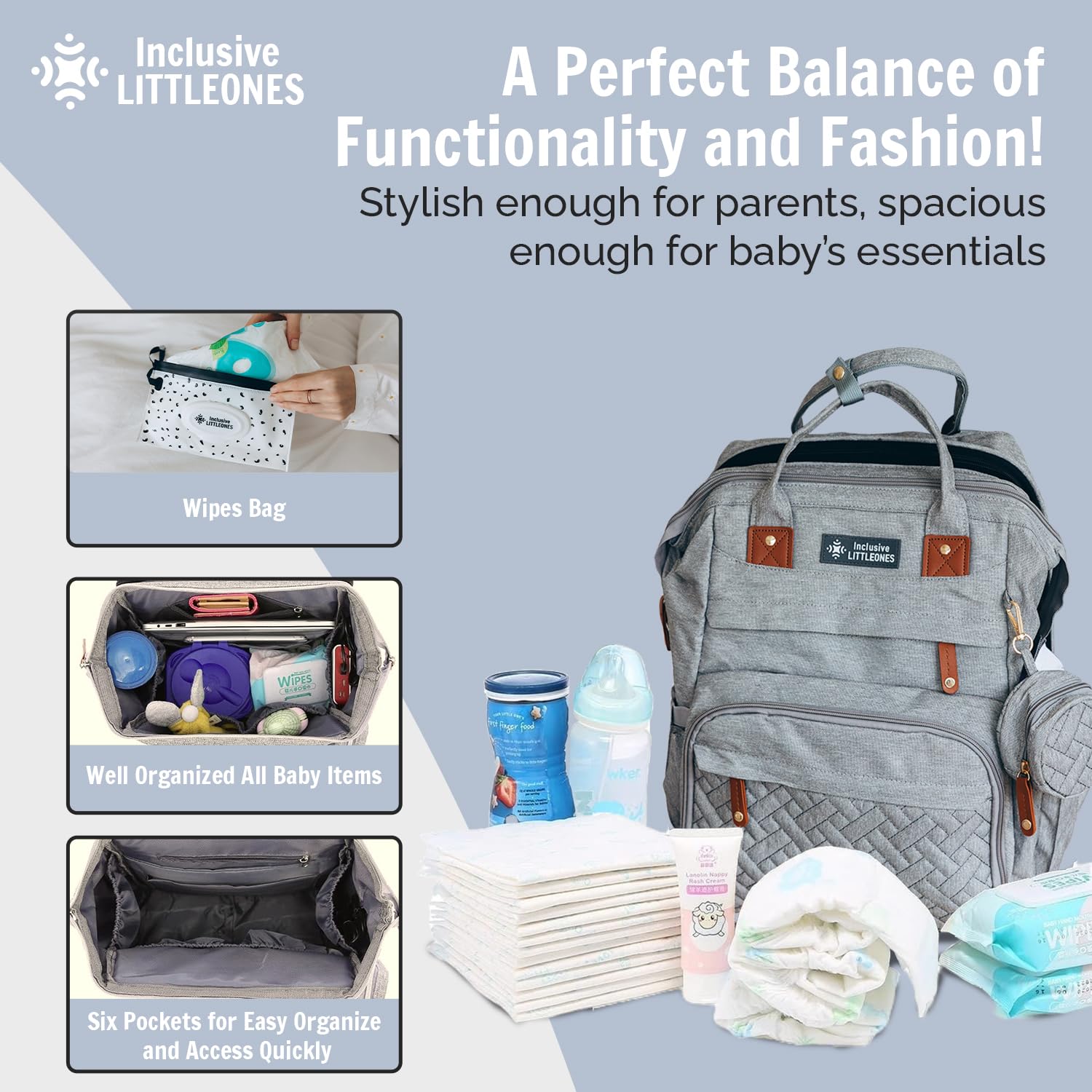 Inclusive LittleOnes diaper bag interior compartments for easy sorting of essentials.