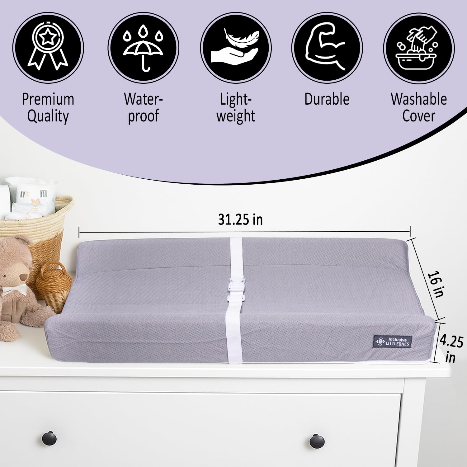 Inclusive LittleOnes foldable changing pad for on-the-go diaper changes.