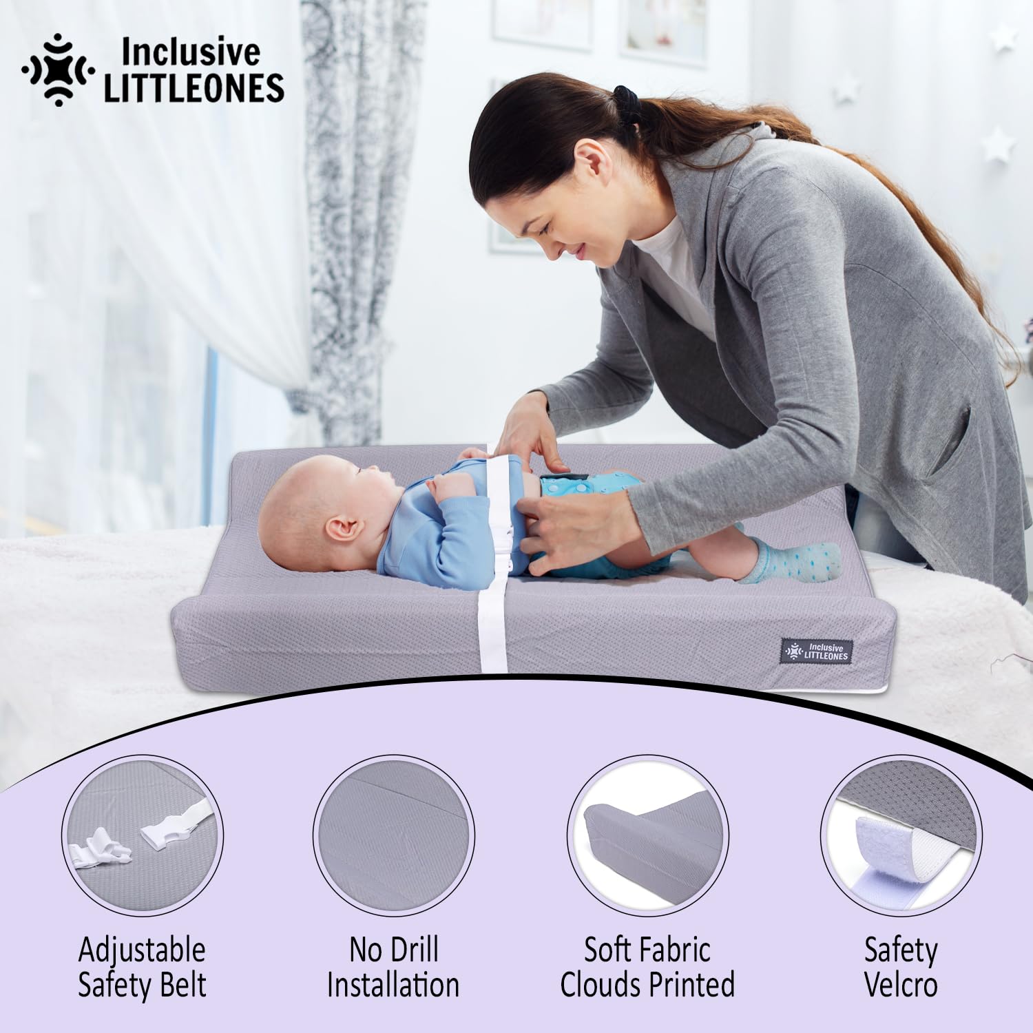 Inclusive LittleOnes fits standard changing tables for quick setup.