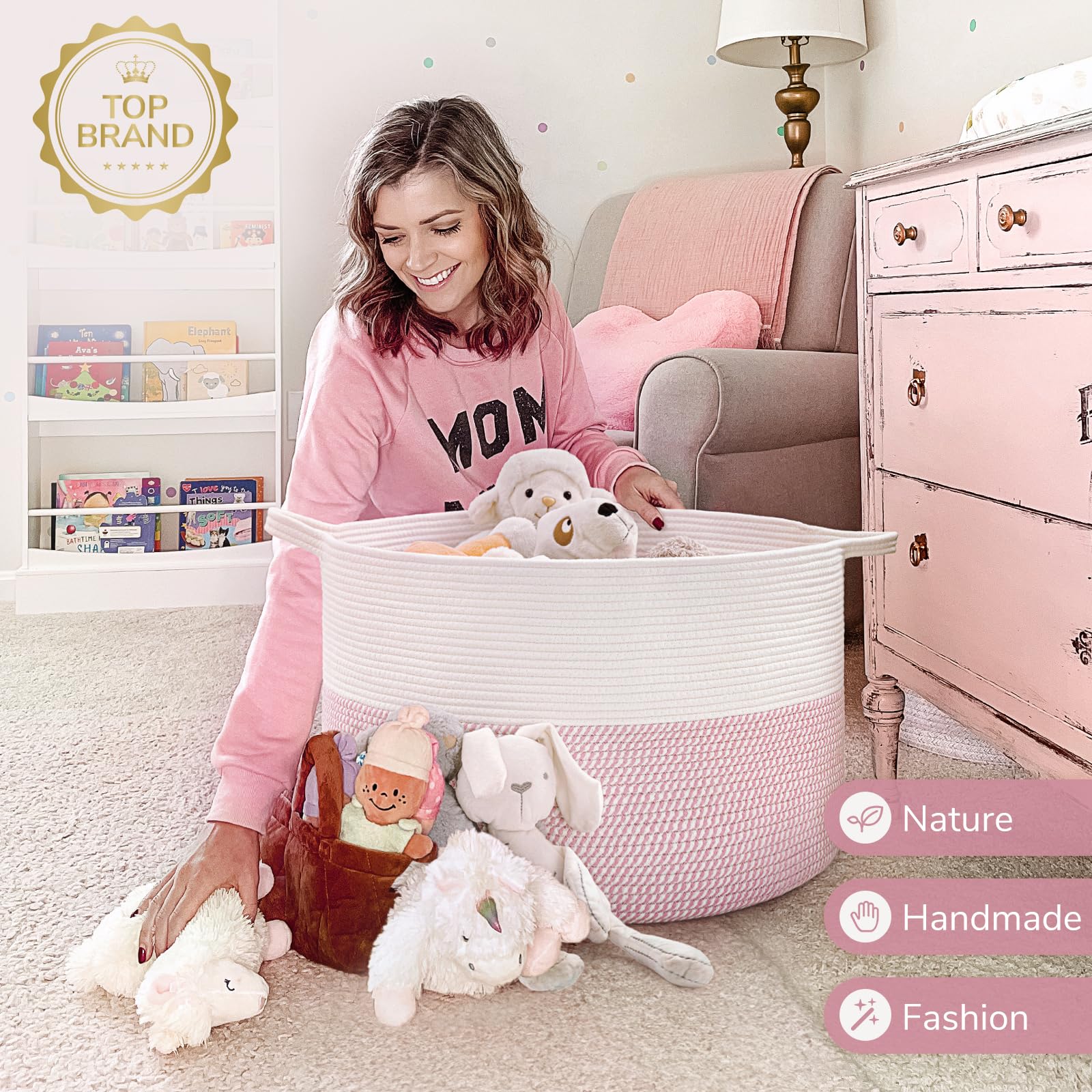 INDRESSME XXXLarge pink basket in nursery with toys ready for tidy cleanup.