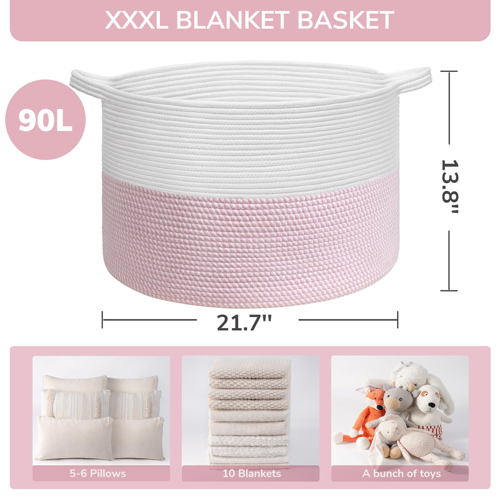 INDRESSME XXXLarge pink cotton rope basket close-up showing durable soft material.