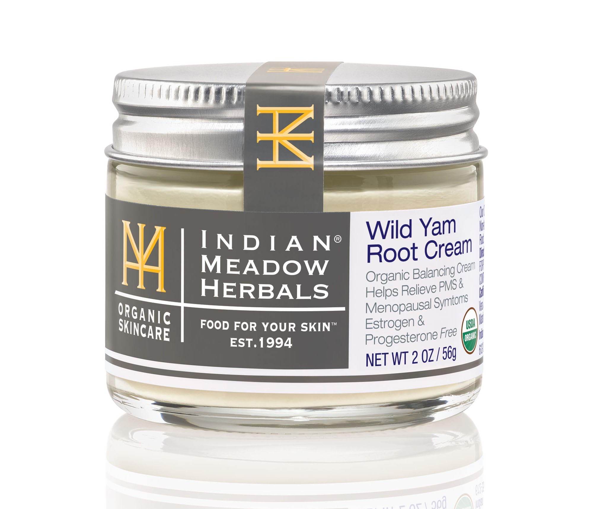 Indian Meadow Herbals Wild Yam Root Cream 2oz jar for natural menstrual comfort.