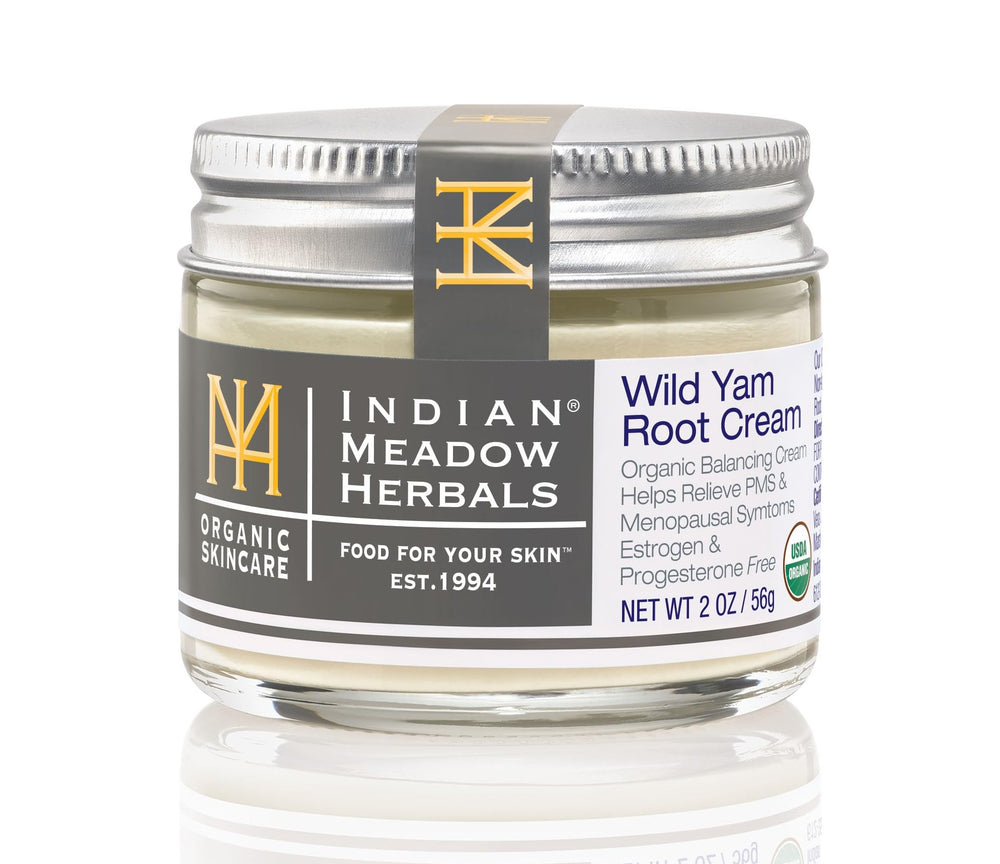 Indian Meadow Herbals Wild Yam Root Cream 2oz jar for natural menstrual comfort.