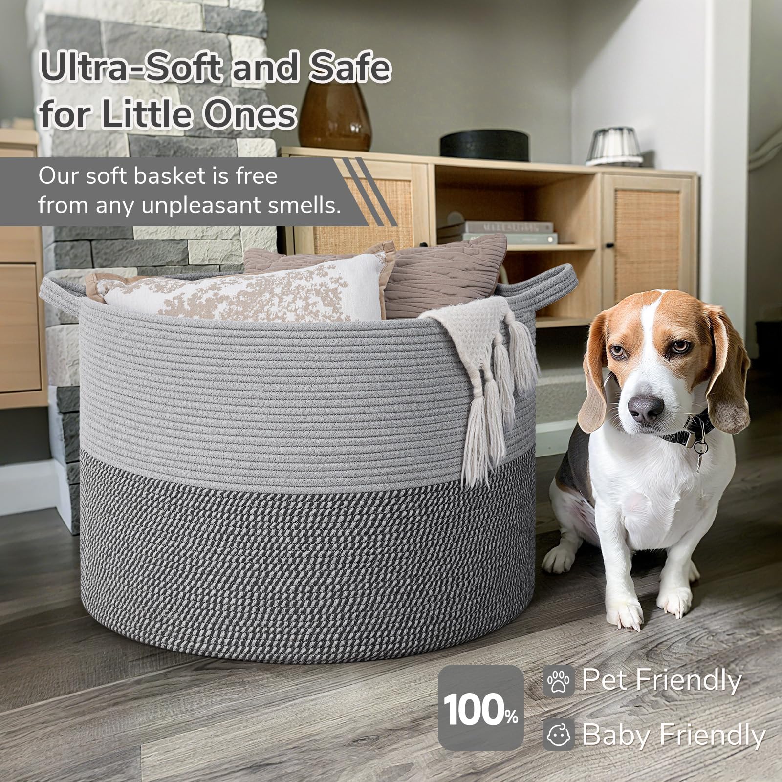 INDRESSME 115L blanket basket in a bedroom with soft cotton texture and calm ambience.