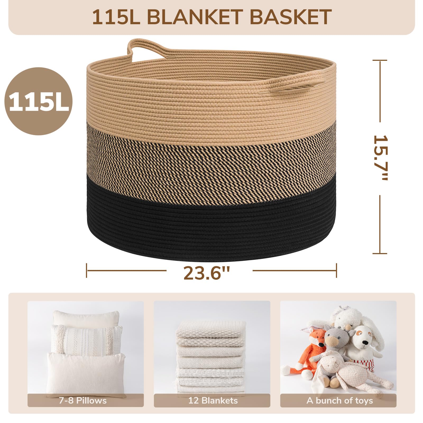 INDRESSME 115L blanket basket close-up shows soft, durable cotton rope.
