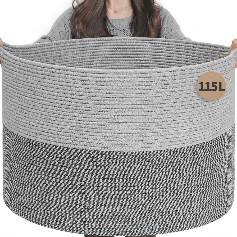 INDRESSME 115L blanket basket close-up highlighting durable cotton rope for long-lasting storage.