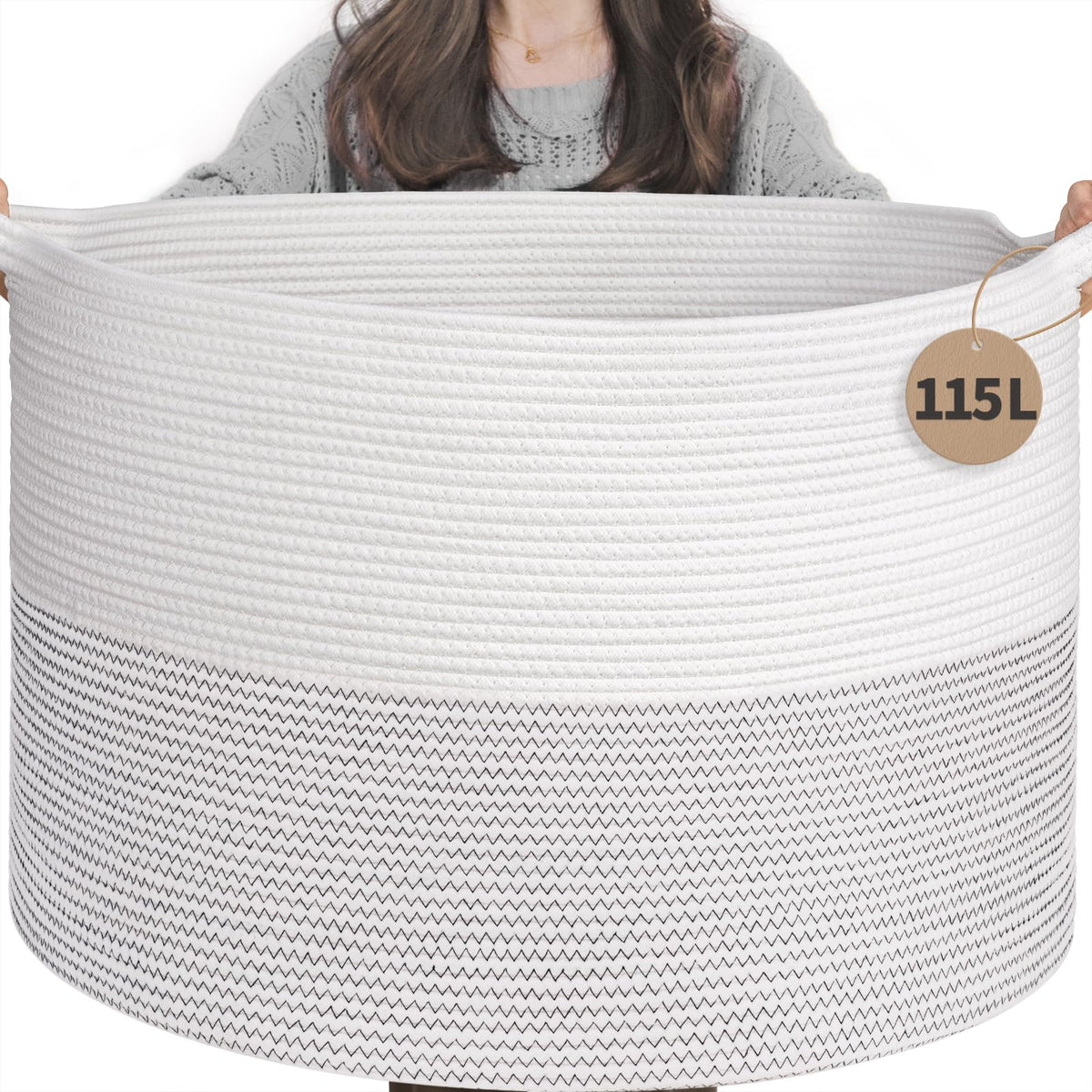 INDRESSME 115L blanket basket front view showing ample storage for blankets and toys.