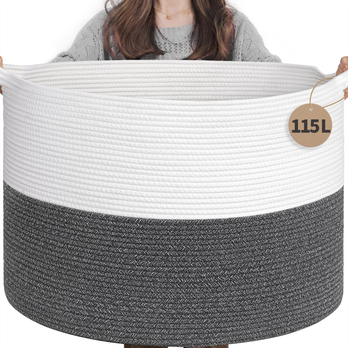 INDRESSME 115L blanket basket in gray weave, spacious storage for blankets and toys.