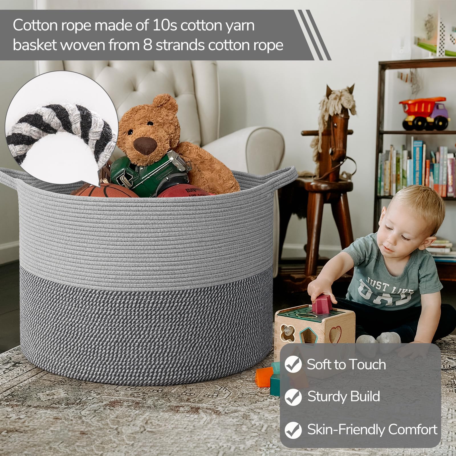 INDRESSME 115L basket with handles for easy transport of blankets and toys.