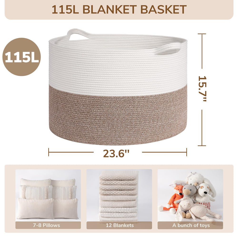 INDRESSME 115L blanket basket side view showing durable cotton rope construction.