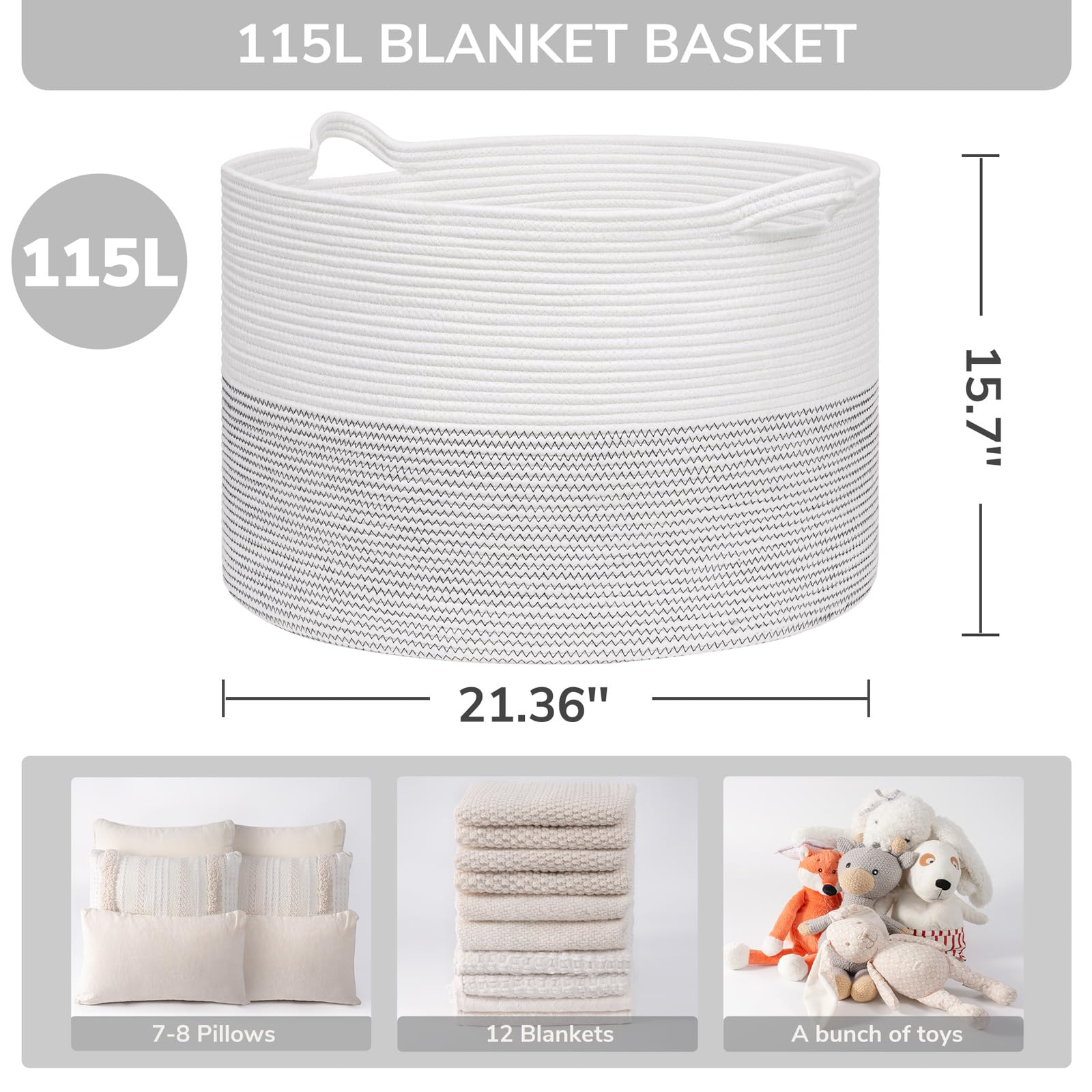 INDRESSME 115L blanket basket side view highlighting sturdy cotton rope construction.