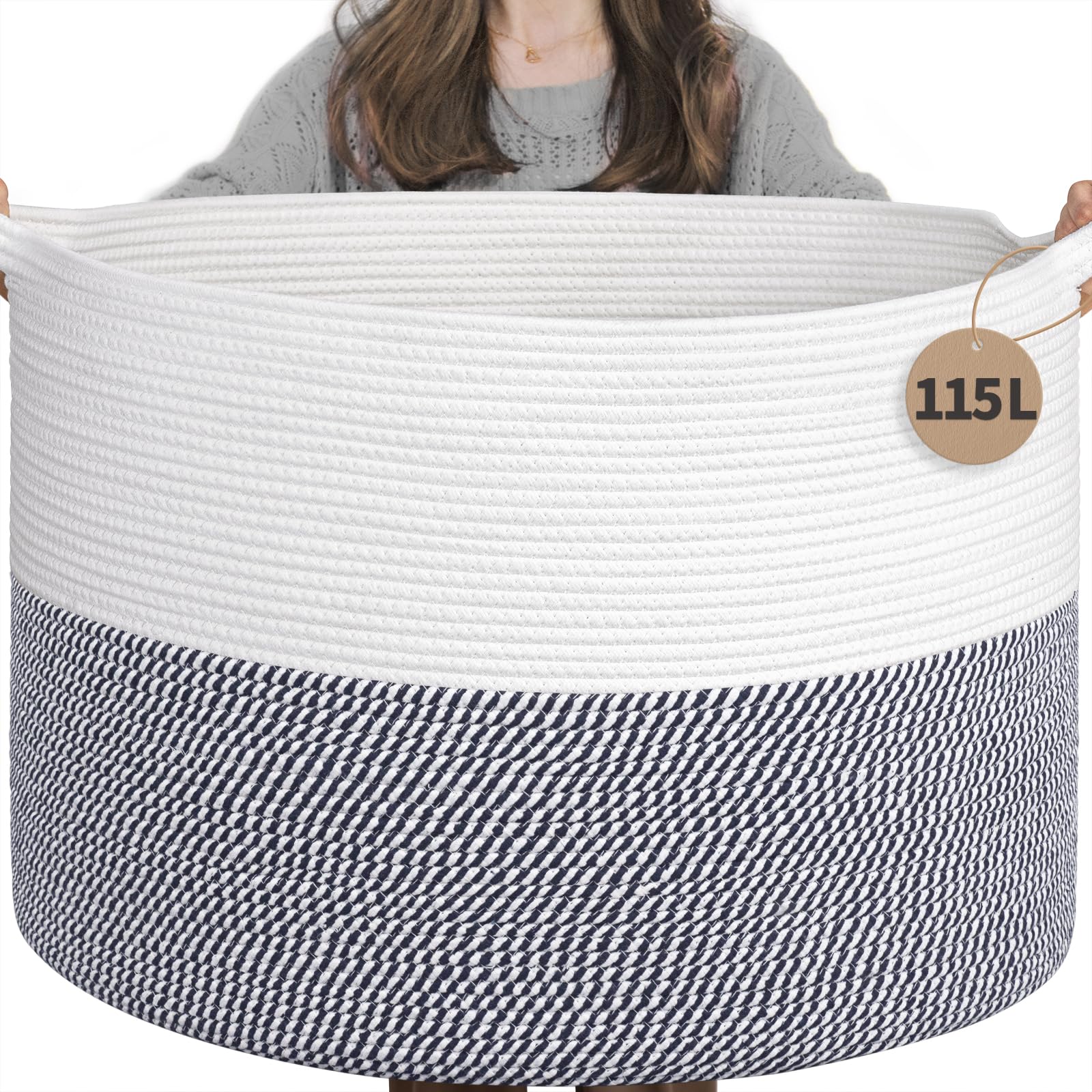 INDRESSME 115L blanket basket in white and navy for spacious blanket storage in living rooms.