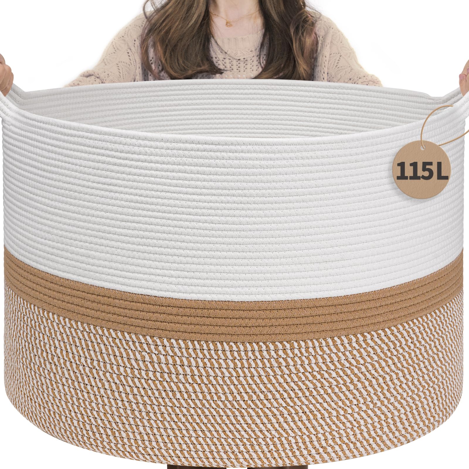 INDRESSME 115L front-view cotton rope basket offering spacious blanket storage.