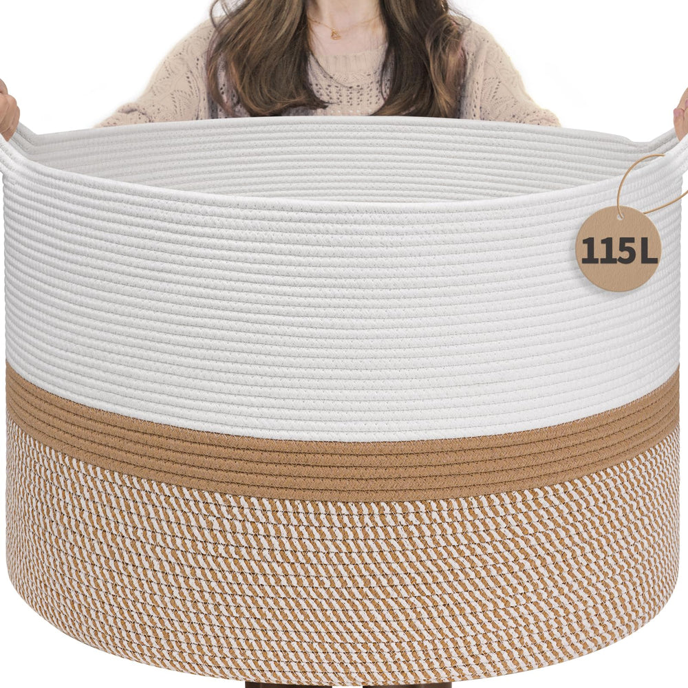 INDRESSME 115L front-view cotton rope basket offering spacious blanket storage.
