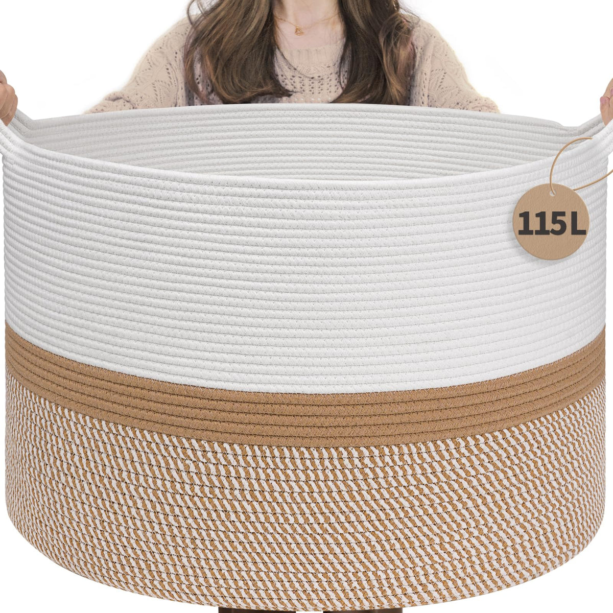 INDRESSME 115L front-view cotton rope basket offering spacious blanket storage.