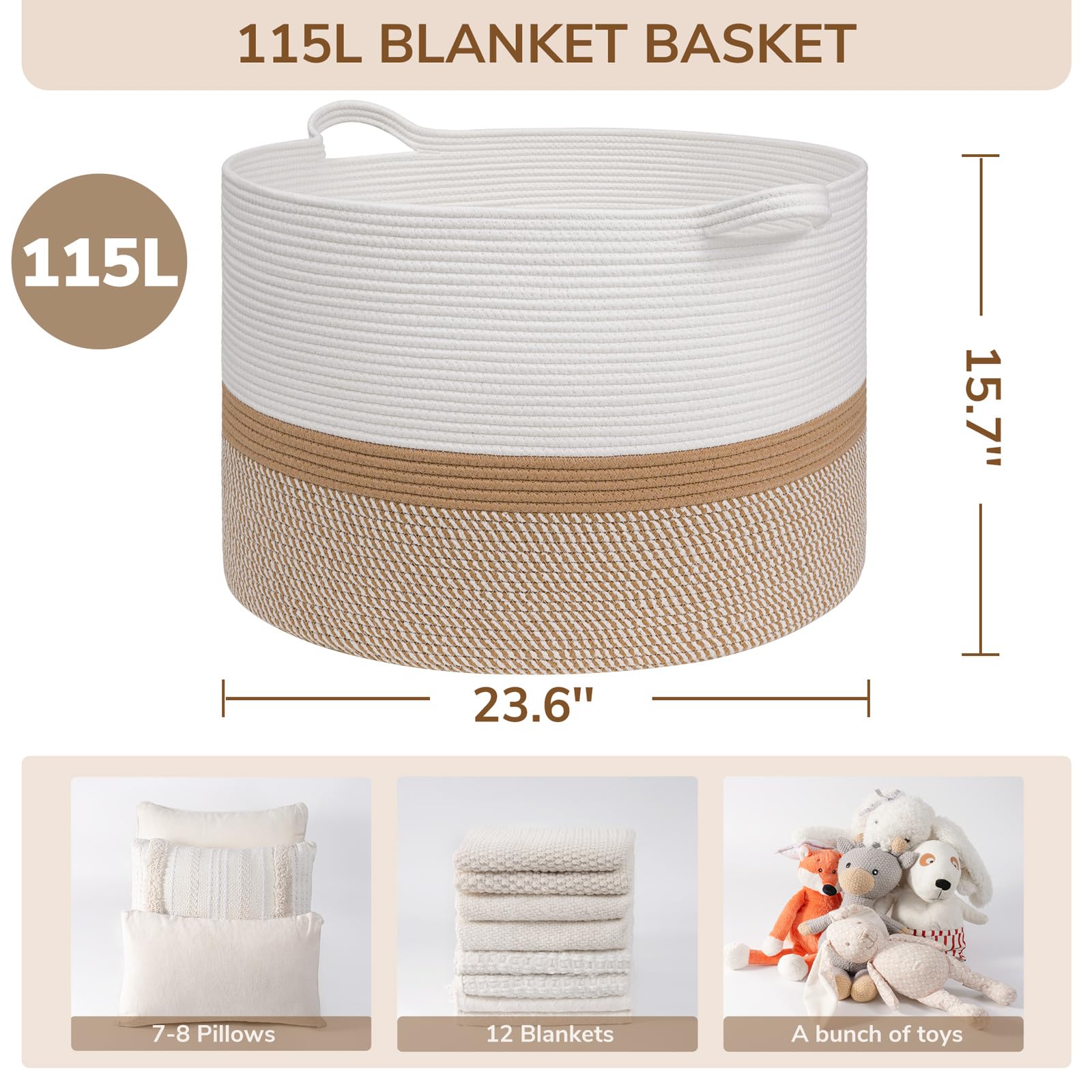 INDRESSME 115L side-view cotton rope basket highlighting generous capacity for laundry.