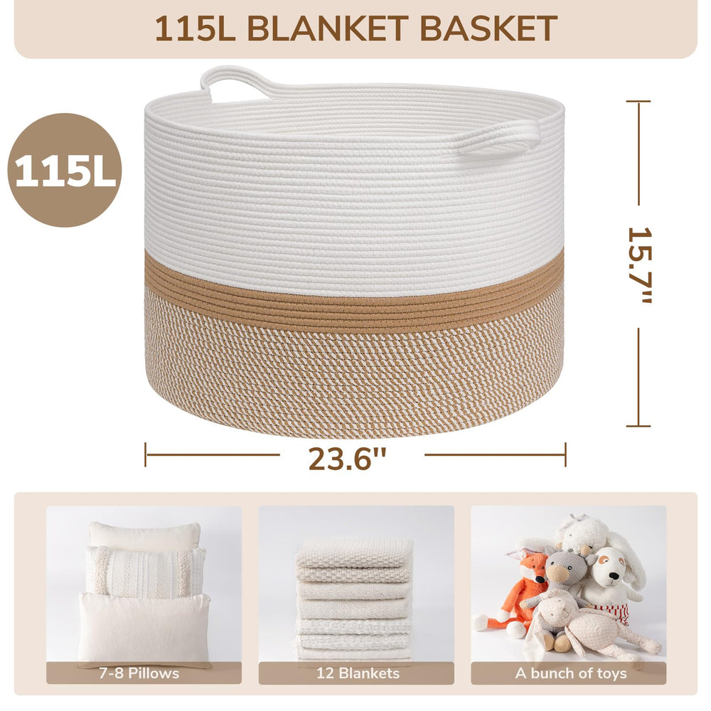 INDRESSME 115L side-view cotton rope basket highlighting generous capacity for laundry.