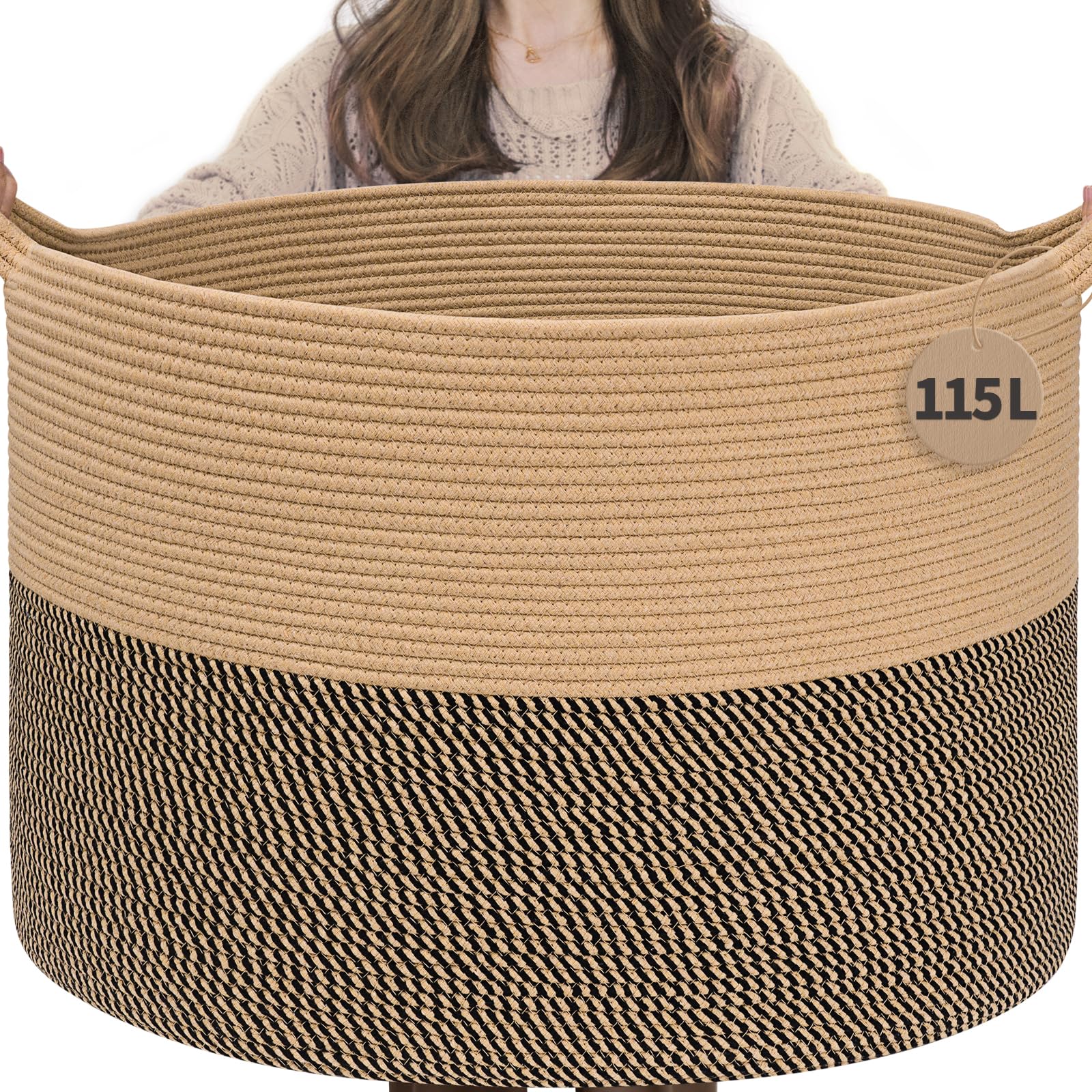 INDRESSME 115L blanket basket in camel for blankets and throws, stylish and spacious.
