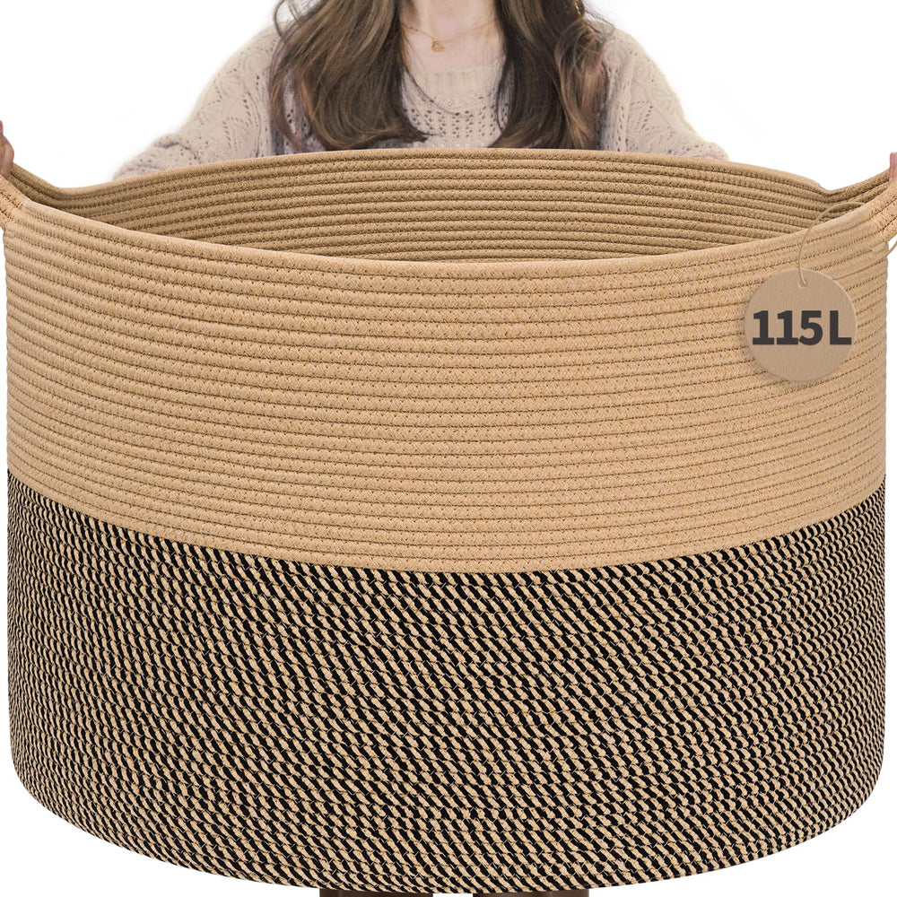 INDRESSME 115L blanket basket in camel for blankets and throws, stylish and spacious.