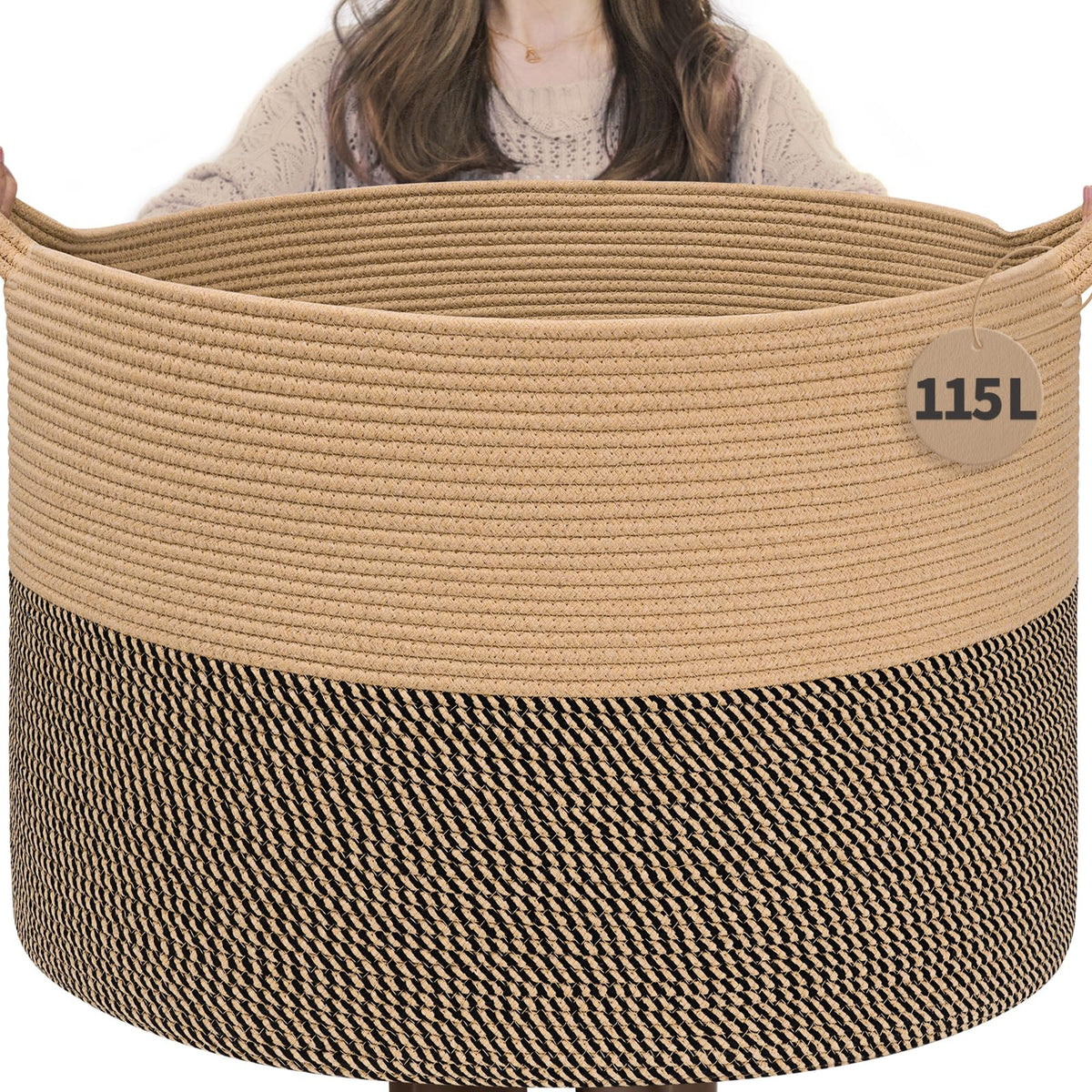 INDRESSME 115L blanket basket in camel for blankets and throws, stylish and spacious.