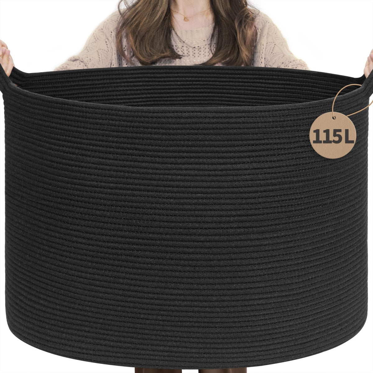 INDRESSME 115L blanket basket close up weave highlights durable soft cotton rope storage.