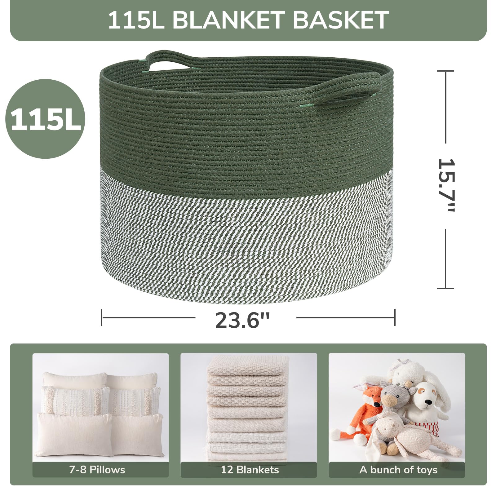 INDRESSME 115L cotton rope basket side view showcases durable soft weave for daily use