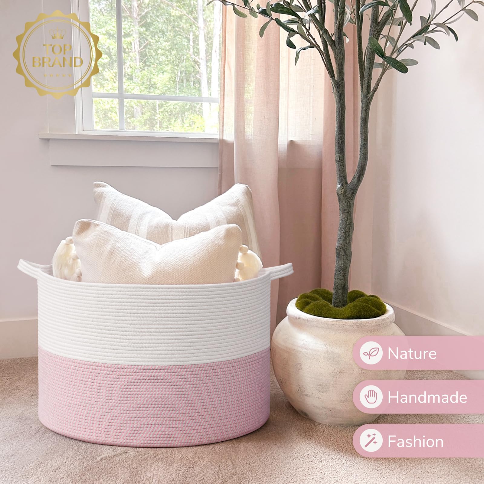 IndressMe 115L pink basket in a dorm room, easy to tuck laundry away.