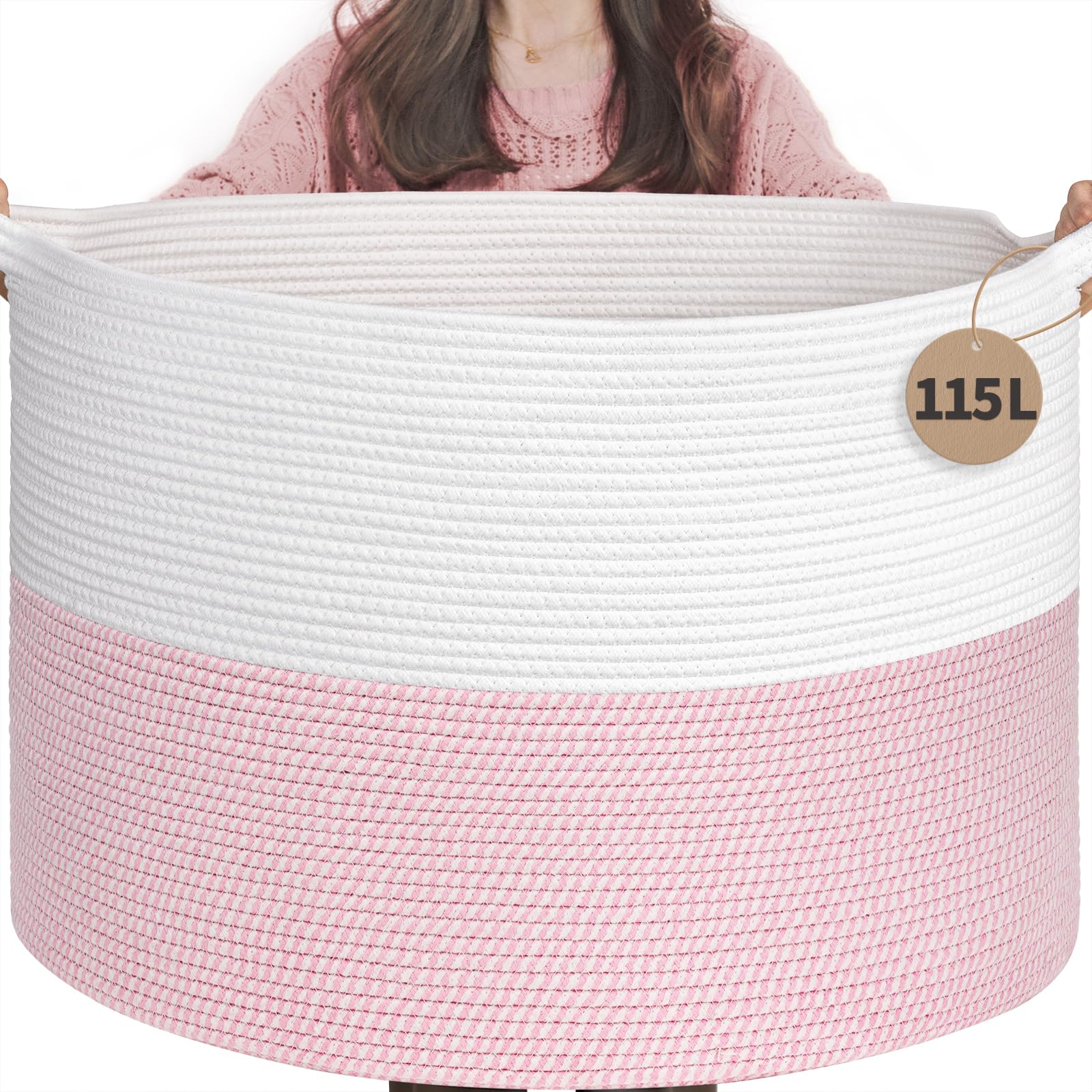 IndressMe 115L pink laundry basket, front view, ample storage for toys and blankets.