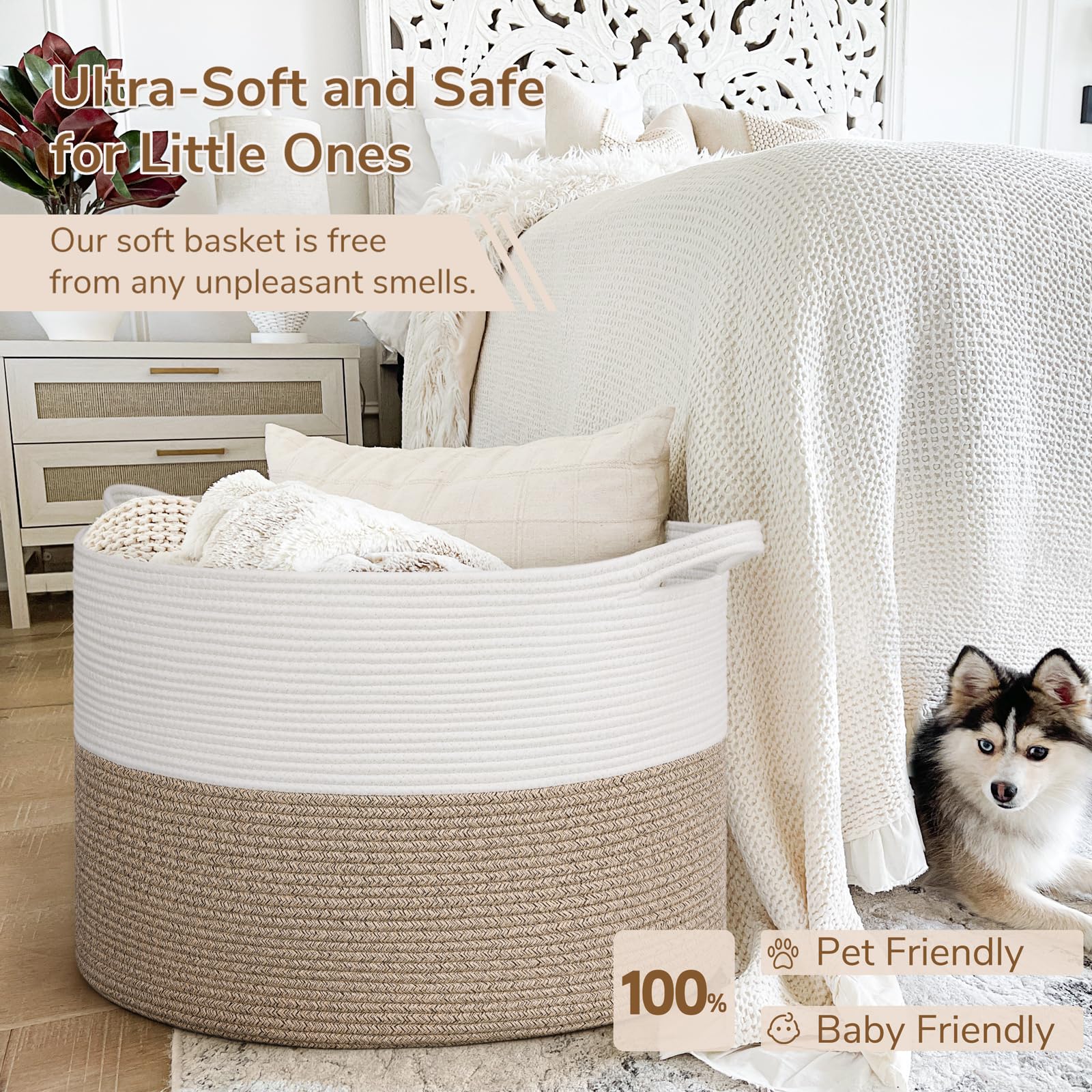 INDRESSME blanket storage basket keeps blankets neatly organized in living rooms.