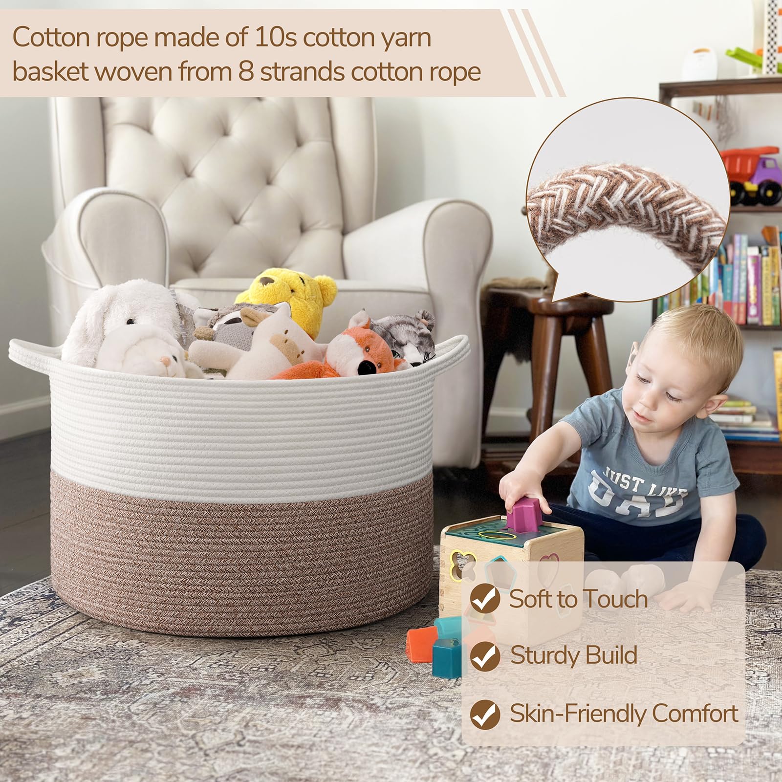 INDRESSME Boho white and brown basket complements decor while concealing clutter.
