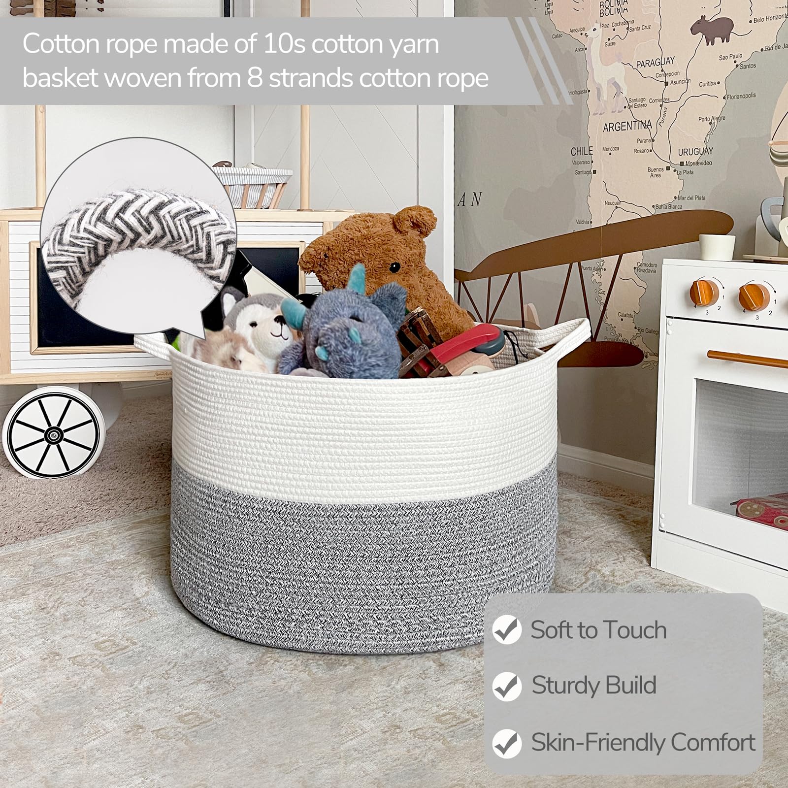 INDRESSME cotton-rope basket gray-weave shot, soft material for family use