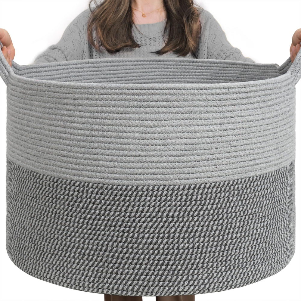 INDRESSME extra large laundry basket in gray cotton rope for spacious blanket storage
