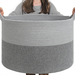 INDRESSME extra large laundry basket in gray cotton rope for spacious blanket storage