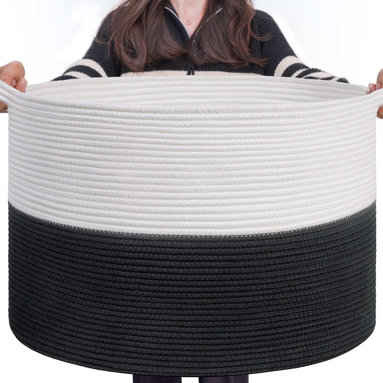 INDRESSME large cotton rope basket for blanket storage keeps living room organized.