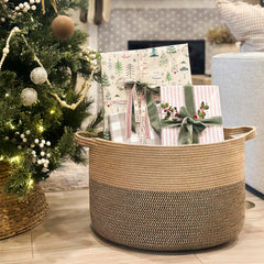 INDRESSME round wicker basket keeps towels and pillows neatly organized.