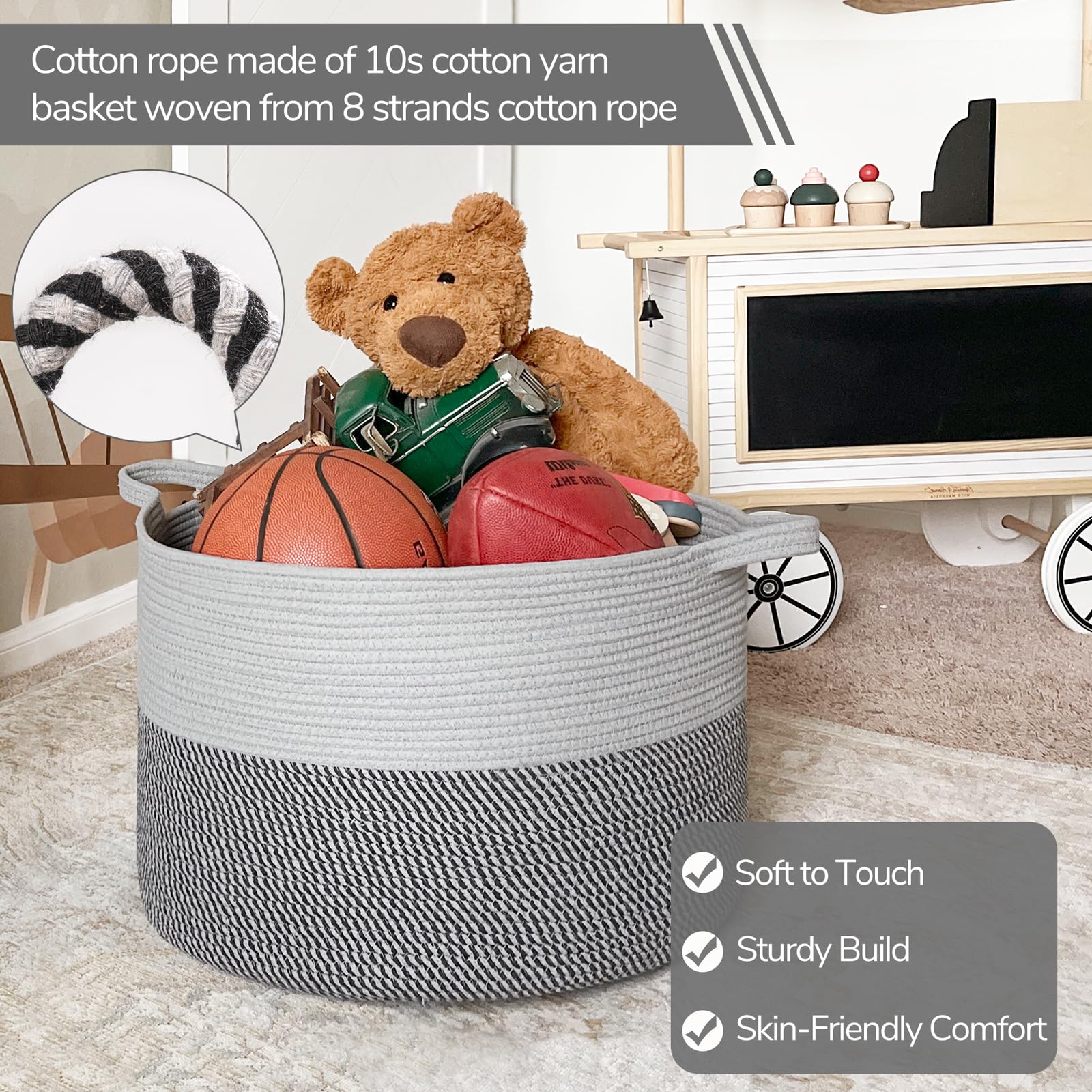 INDRESSME woven storage basket gray with handles for easy room-to-room transport