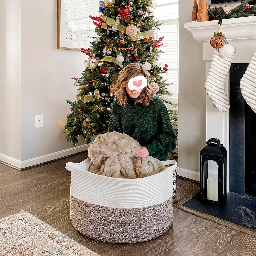 INDRESSME XXXLarge Cotton Rope Basket with Christmas display