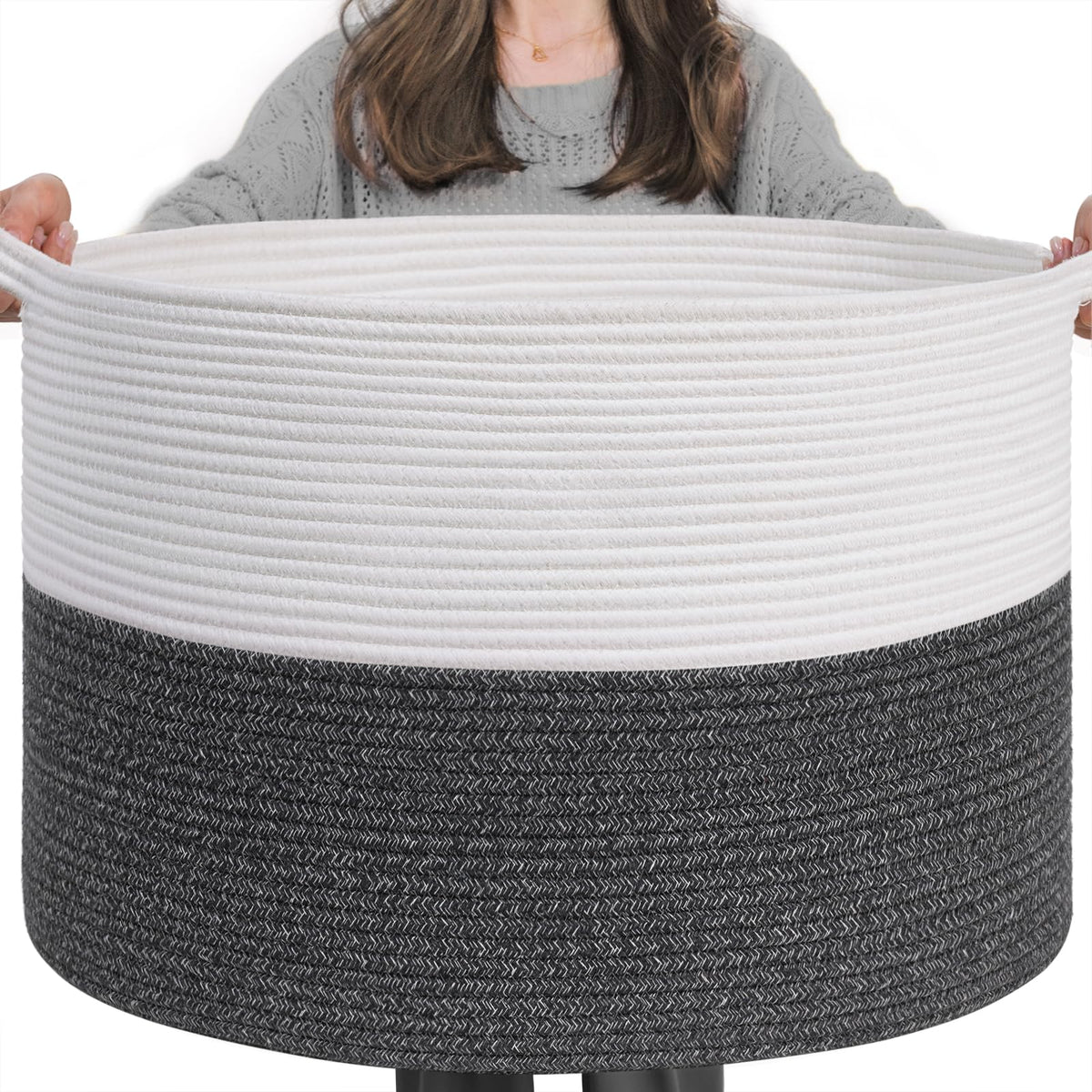 INDRESSME XXXLarge cotton rope basket stores blankets in a cozy living room.