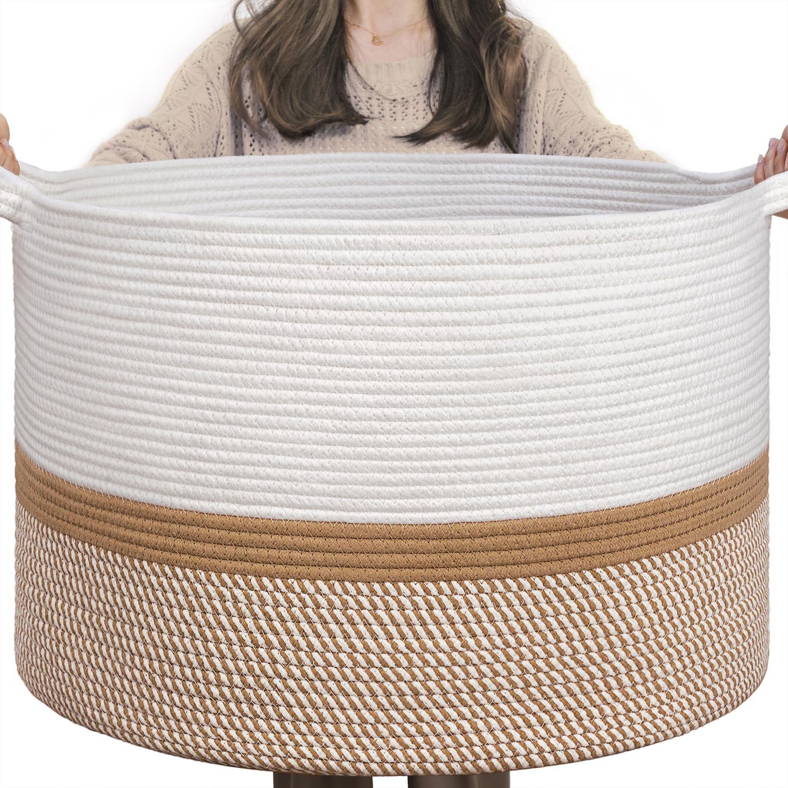 INDRESSME XXXLarge cotton rope basket closeup weave highlights sturdy craftsmanship and soft texture.