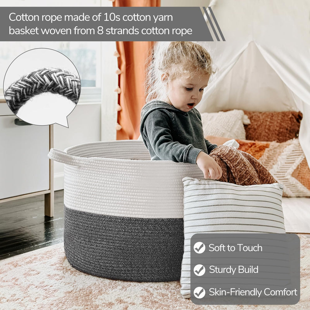 INDRESSME XXXLarge cotton rope basket holds toys in a kid’s room.