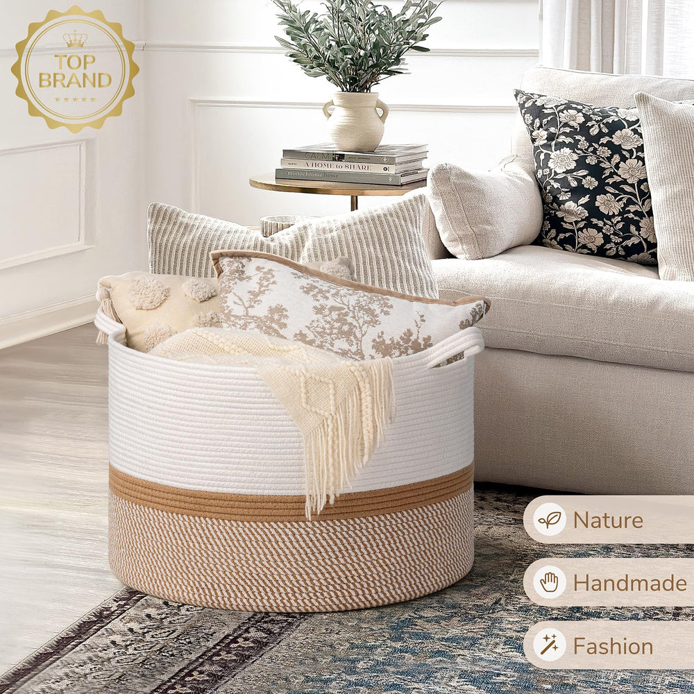 INDRESSME XXXLarge cotton rope basket in white and camel mix enhances any room.