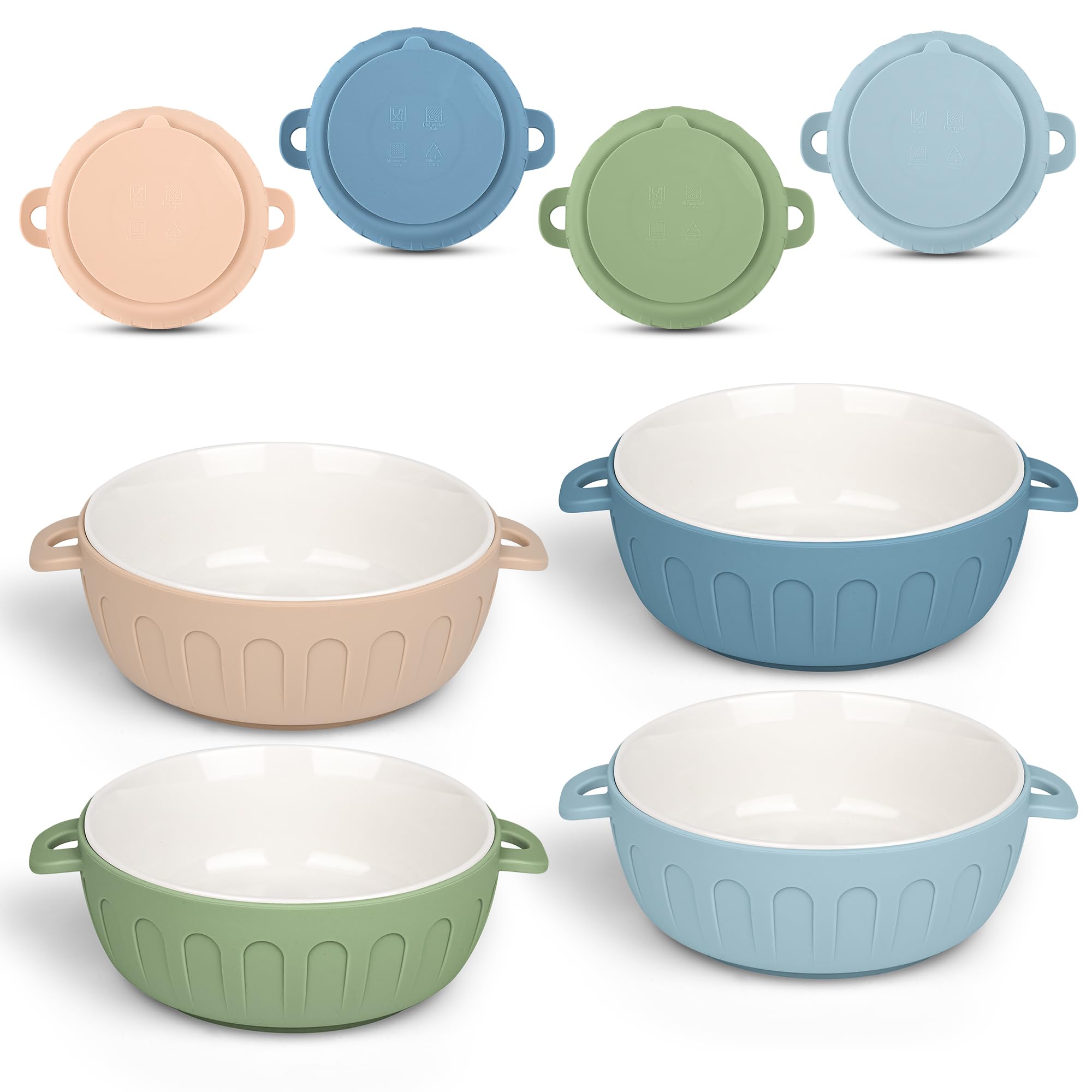 iNeibo 4-pack porcelain baby bowls with suction sleeve on table for mess-free meals