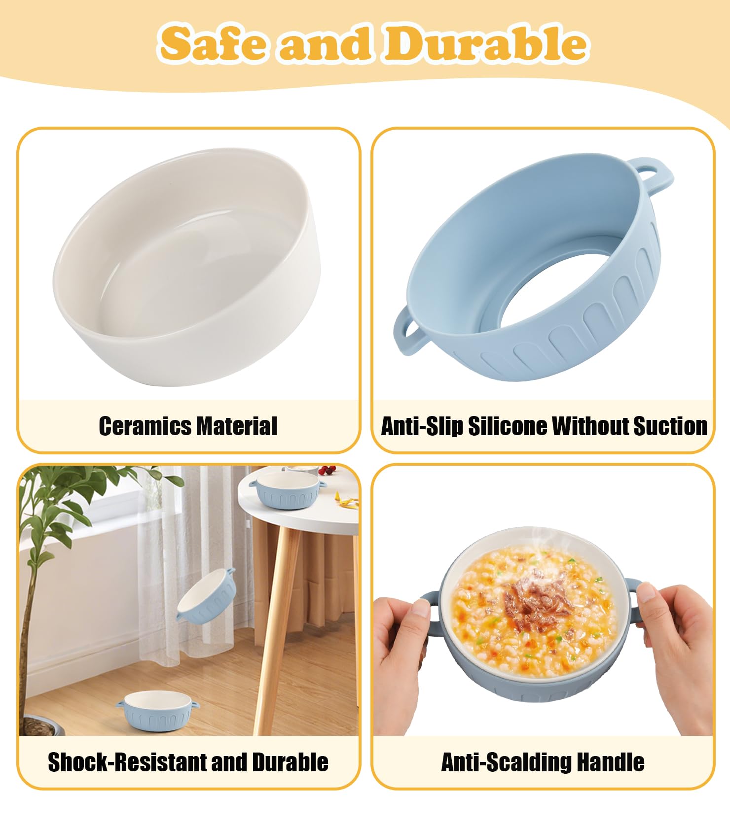 iNeibo anti-slip bowl design prevents spills during meals on the table.