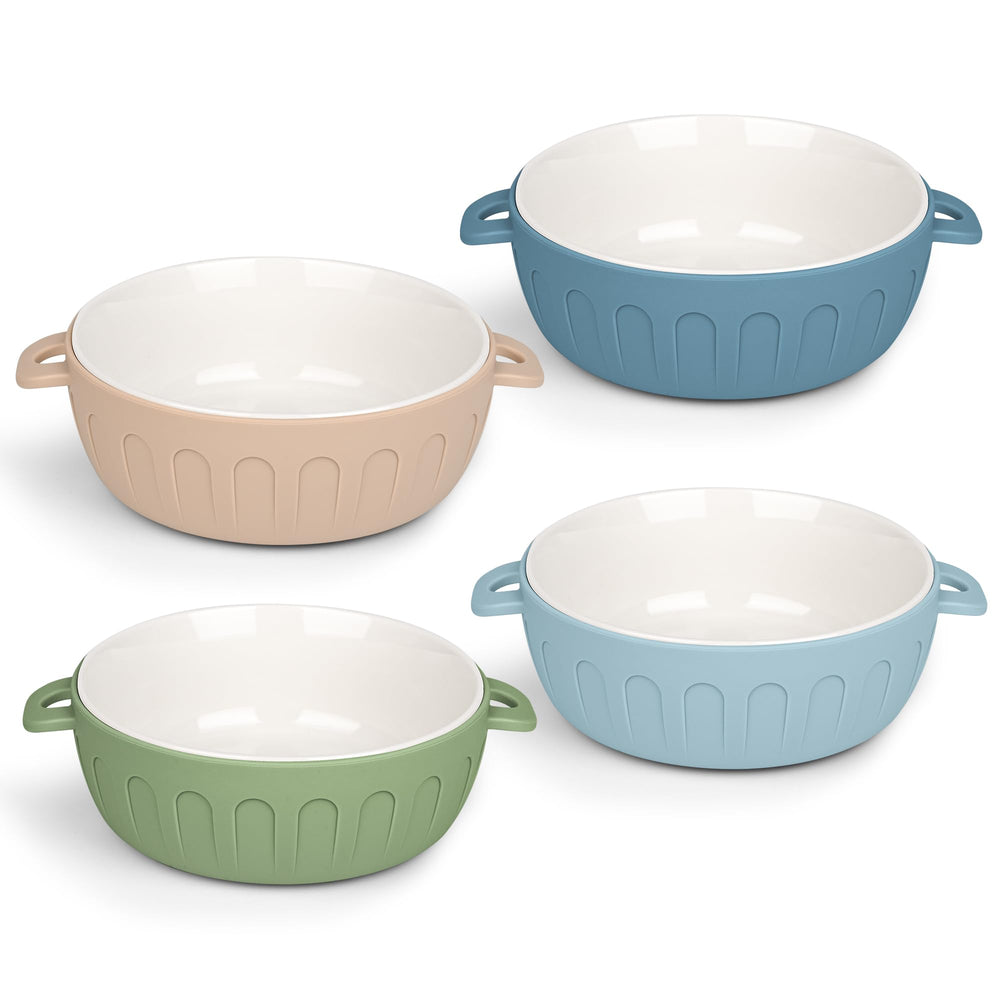 iNeibo porcelain baby bowl with silicone sleeve provides secure grip for mess-free meals.