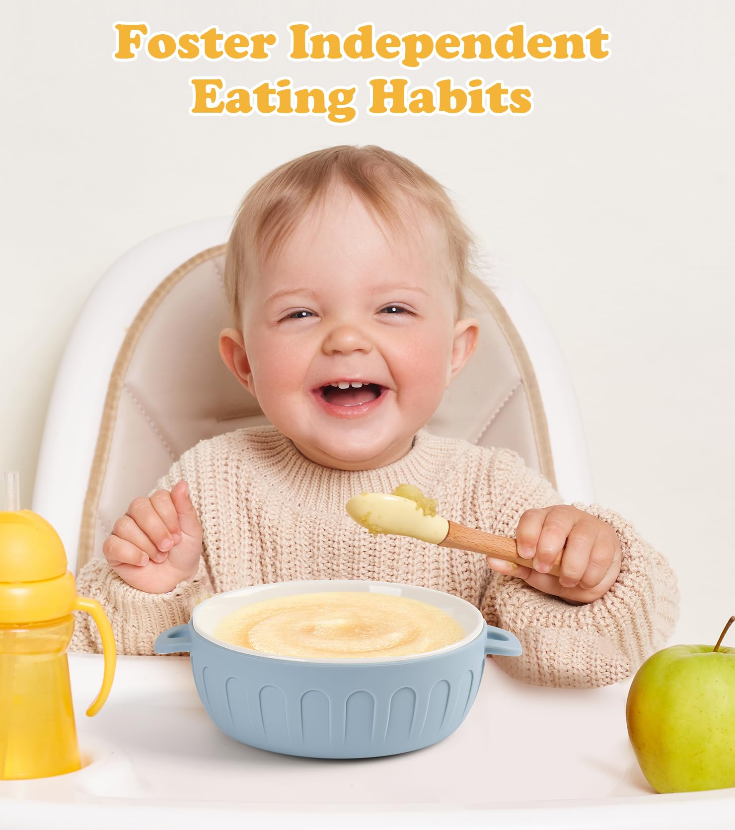 iNeibo silicone sleeve grip on the toddler bowl for stable feeding.