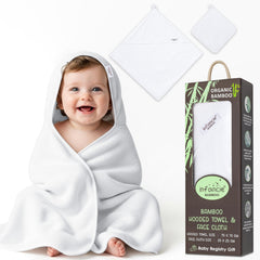 Infancie bamboo hooded towel front view for ultra-soft newborn bath wrap.